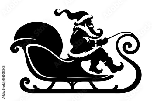 festive Santa on sleigh with sack, perfect for holiday-themed designs and seasonal decor black vector