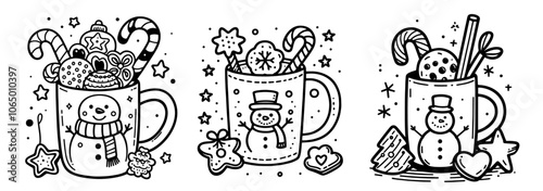 Christmas mugs filled with sweets and snowmen illustration