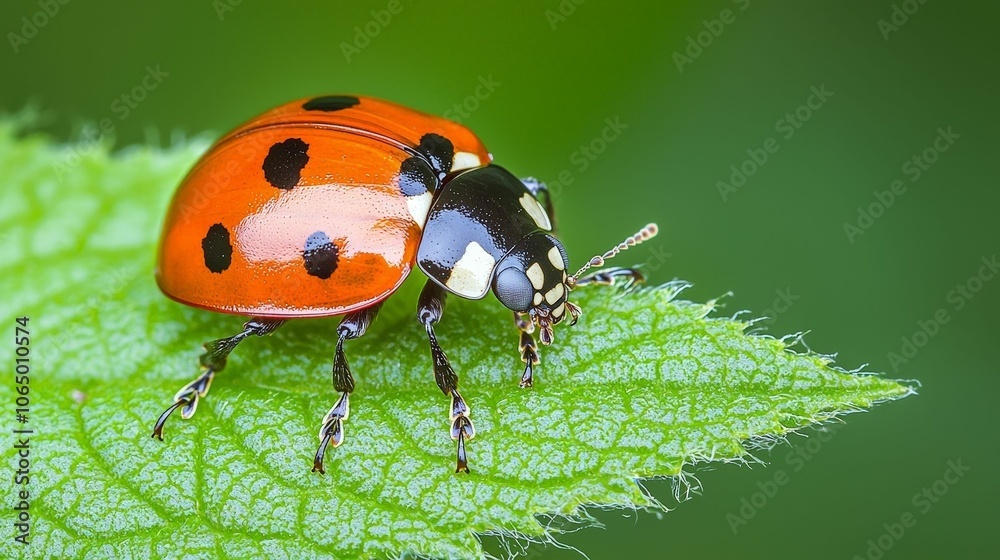 A vibrant ladybug with black spots sits atop a green leaf, showcasing its colorful body against a blurred background. A vibrant ladybug with black spots sits atop a green leaf, showcasing its colorful body against a blurred background.