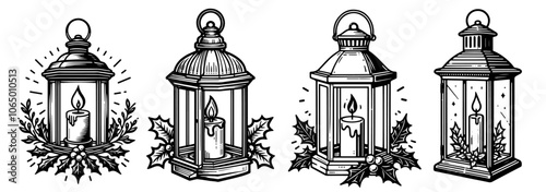 festive lantern illustrations with holly and candles, perfect for Christmas and winter-themed designs black vector