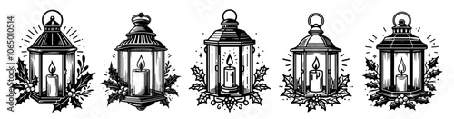 charming holiday lantern collection, featuring candles and decorative foliage in a classic sketch style black vector