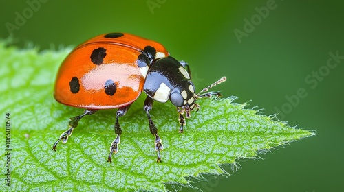 A vibrant ladybug with black spots sits atop a green leaf, showcasing its colorful body against a blurred background.