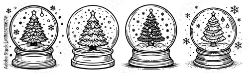 classic Christmas snow globe with decorated tree, capturing holiday magic in detailed sketch style black vector