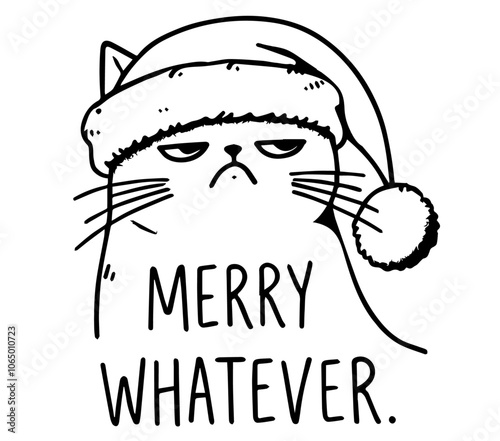 playful grumpy cat illustration in festive hat, perfect for those who prefer humor over holiday cheer black vector