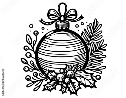 artistic set of Christmas ornaments with holly and pine, perfect for festive and winter-themed graphics black vector