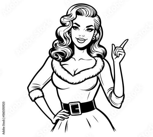 charming pin-up girls in Santa Claus outfits, ideal for Christmas decorations and nostalgic holiday designs black vector