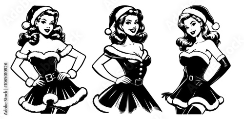vintage pin-up girls in festive dresses, celebrating holiday cheer and elegance in classic style black vector