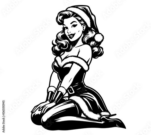 retro Christmas pin-up girls in Santa outfits, perfect for holiday-themed artwork with a playful twist black vector
