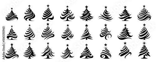 abstract swirling Christmas tree set, combining modern aesthetics with traditional holiday themes black vector