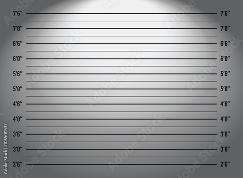 Mugshot, Police lineup or mugshot background for criminals in a dark room with light in inches measurement