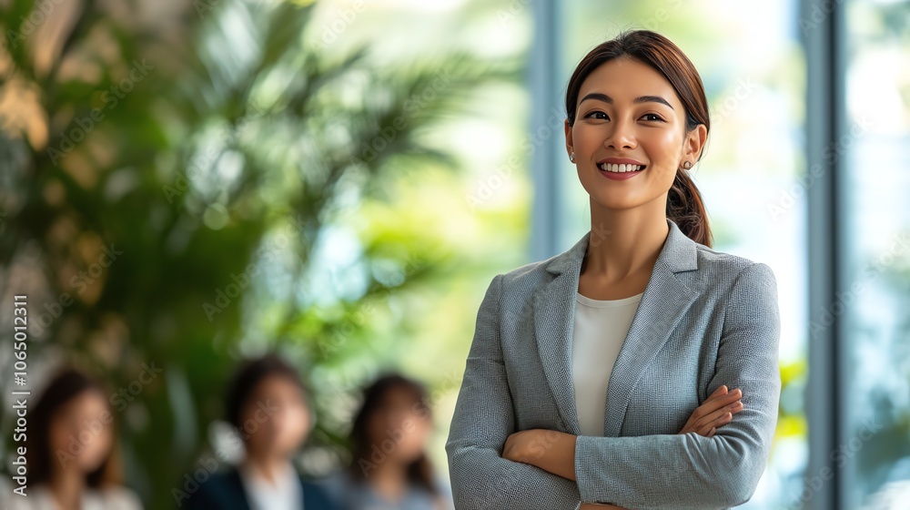 Confident businesswoman smiling in a modern office environment.