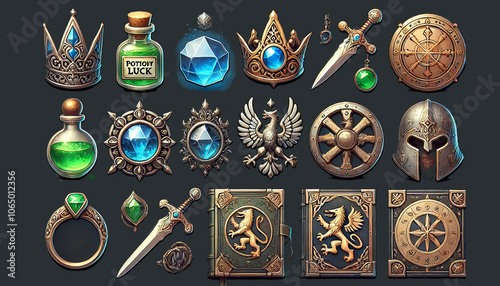Fantasy Icons Set with Enchanted Armor Potions and Swords