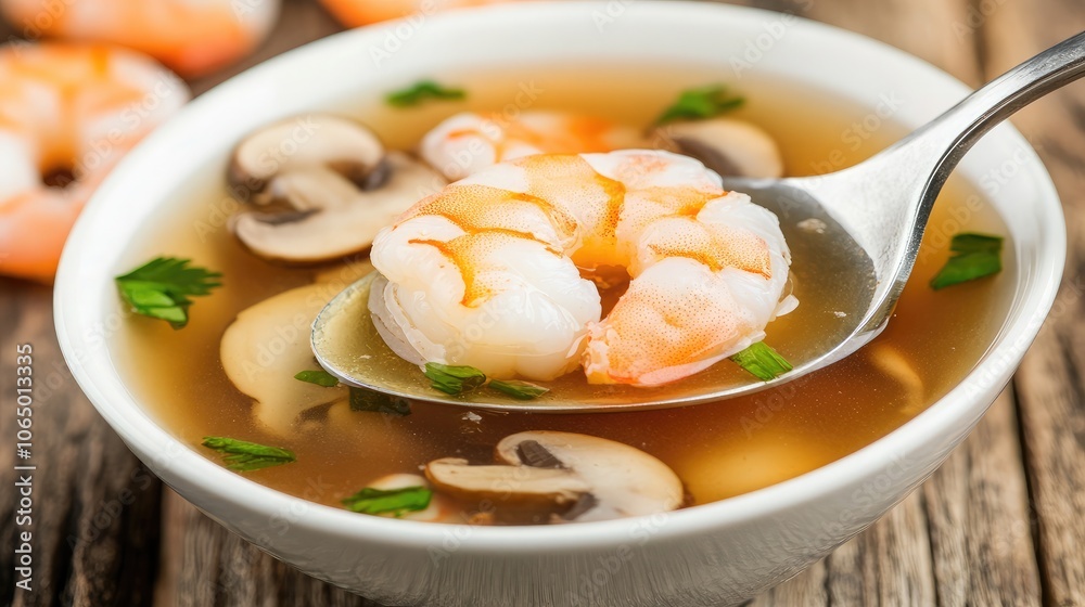 Delicious Shrimp Soup on Wooden Table