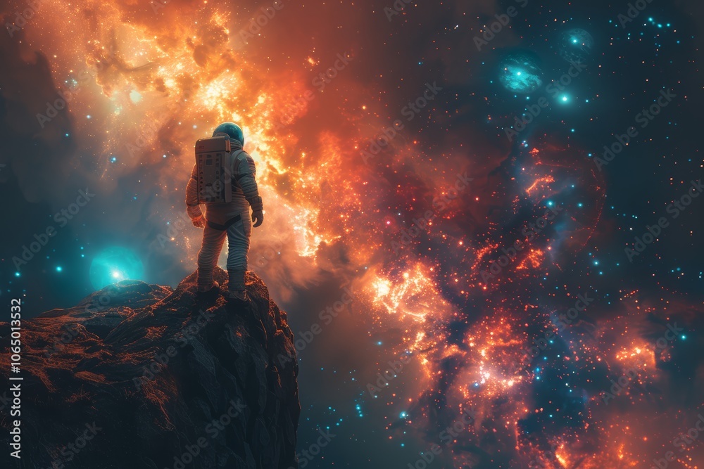 Fototapeta premium space adventurer on an extraterrestrial rock, gazing at a planet and starry expanse