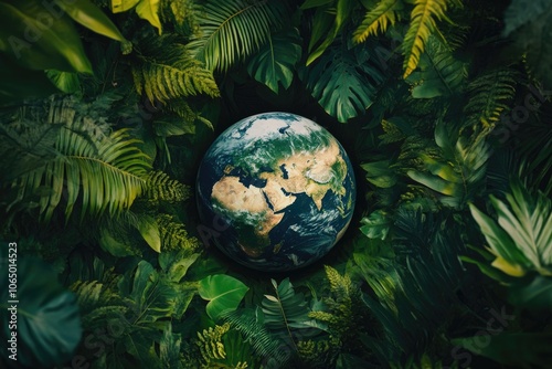 A close-up view of the Earth covered with lush green leaves, symbolizing nature's power