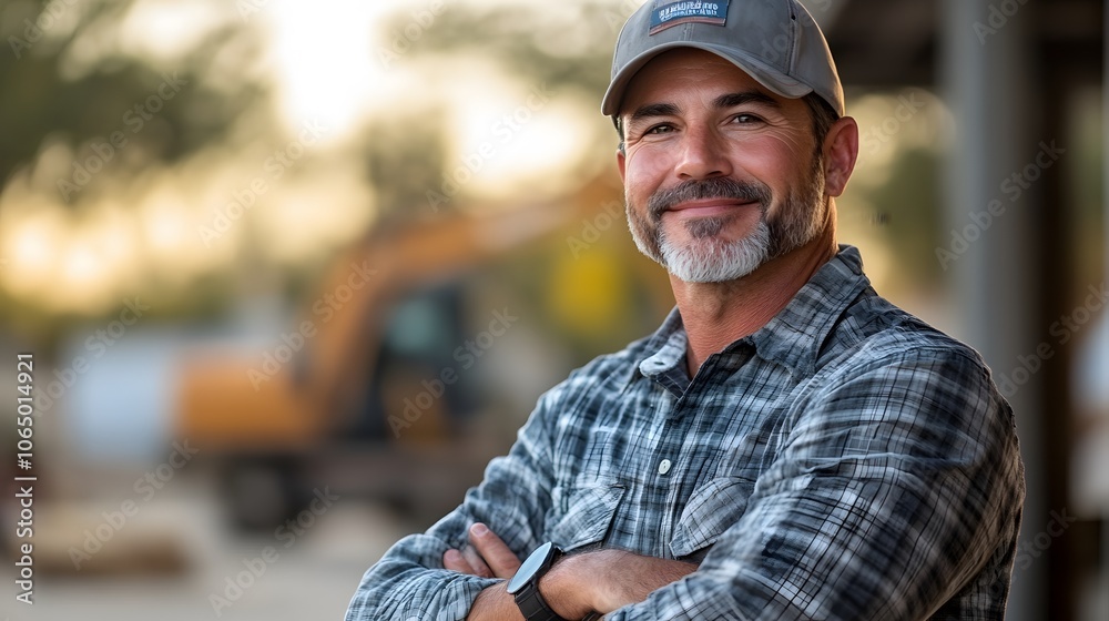 Contractor supervising building structure, quality inspection focus, construction machinery in background Contractor supervising building structure, quality inspection focus, construction machinery in background
