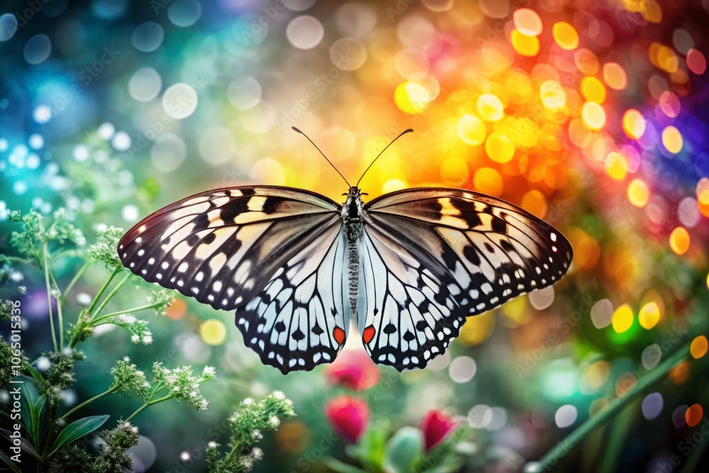 Obraz premium Stunning Panoramic Black and White Butterfly with Vibrant Colors: A Unique Artistic Fusion for Nature Lovers and Photography Enthusiasts
