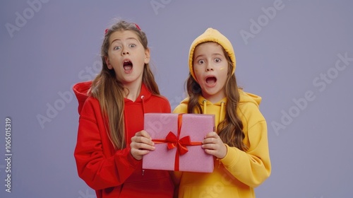 Two young girls holding a pink wrapped present, perfect for a birthday party or holiday occasion photo