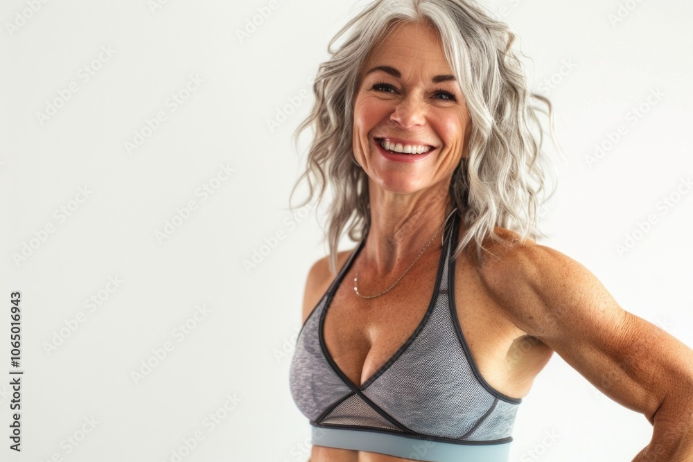 Fototapeta premium A woman posing in sports bra and leggings, ready for a workout or exercise