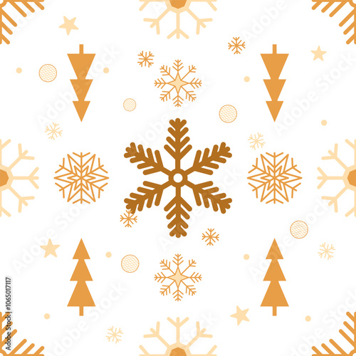 Seamless Pattern Golden Snowflakes and ornamented bauble for Christmas and New Year, texture clothing scarf decoration