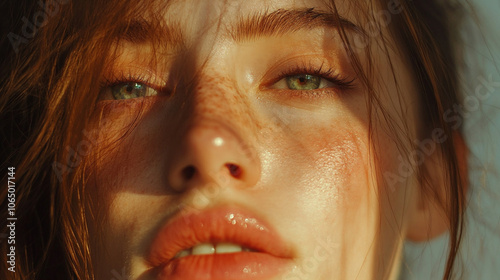 Un retrato cinematográfico de una mujer con rasgos faciales delicados y serenos, que incluyen ojos suaves y expresivos, cejas arqueadas y labios carnosos y naturales photo