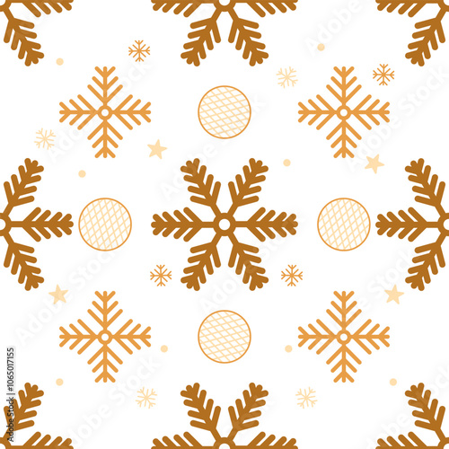 Abstract Seamless Pattern Golden Snowflakes and ornamented bauble for Christmas and New Year, texture clothing scarf decoration