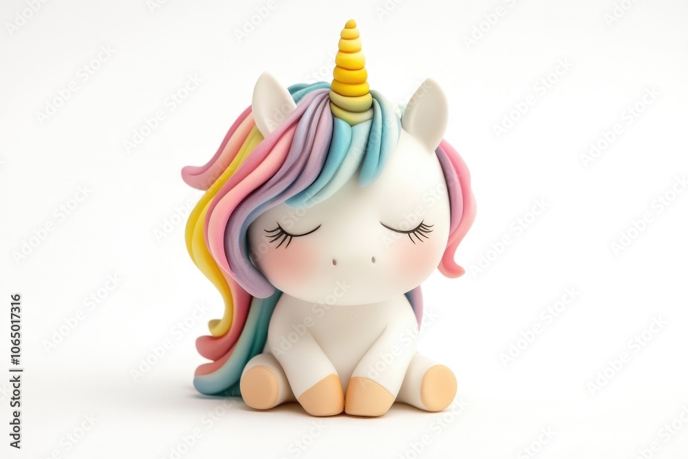 A small toy unicorn sits on a white surface, ready for play or display A small toy unicorn sits on a white surface, ready for play or display