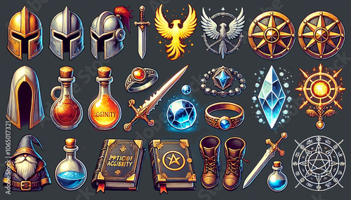 Set of medieval fantasy helmets swords phoenix and mystical potions