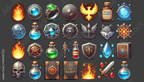 Mystical icons including phoenix potions gems and shields in a fantasy style