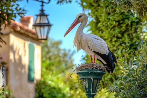 A stork perched on top of a streetlamp, looking around