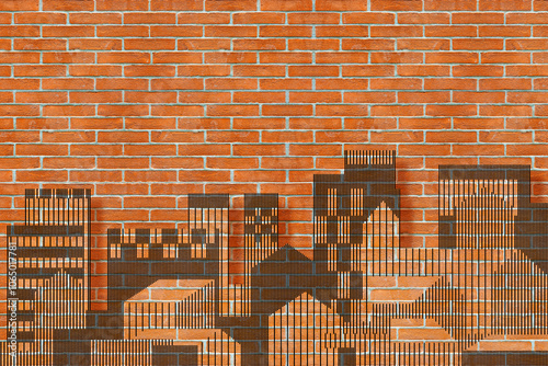 Skyline of a modern hypothetical city - concept with black lines against a brick wall photo