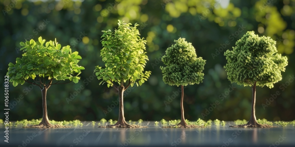 A row of small trees arranged on a table top A row of small trees arranged on a table top