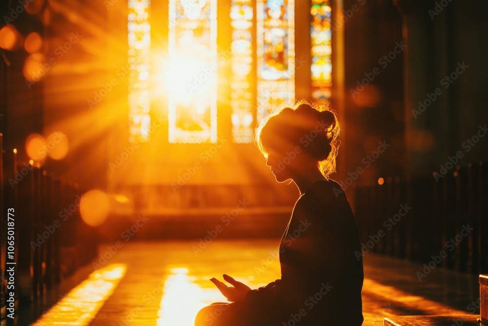 A woman sits on a bench in front of a beautiful stained glass window, perfect for interior design or spiritual use A woman sits on a bench in front of a beautiful stained glass window, perfect for interior design or spiritual use