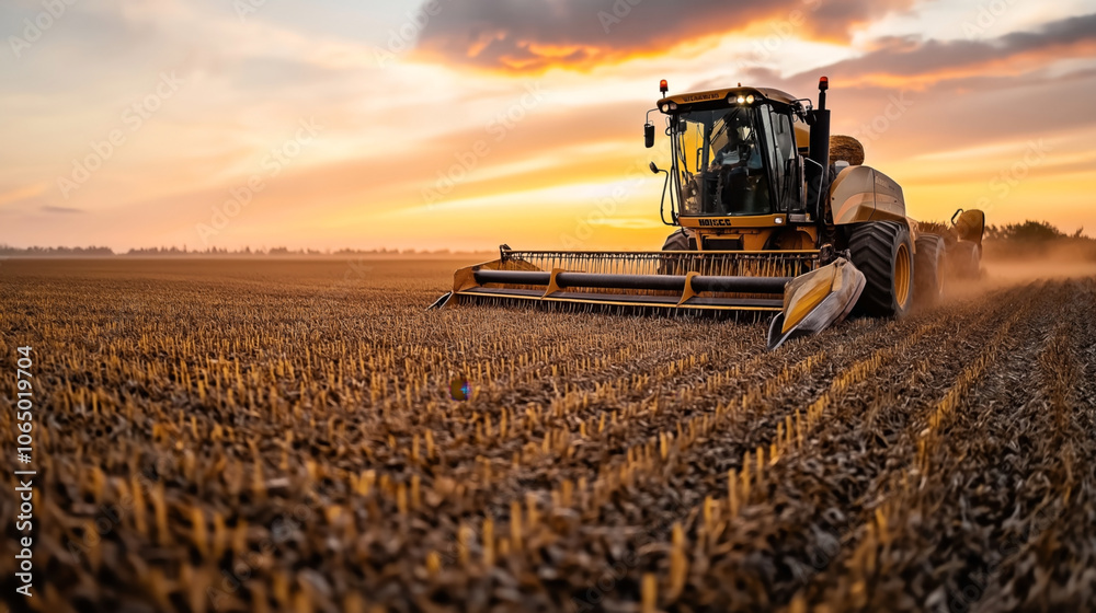 Fototapeta premium Combine harvester working in a golden field at sunset with dramatic sky and dust clouds rising behind the machinery, showcasing agricultural activities in rural landscape.