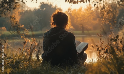A person sits in nature, journaling thoughtful reflections using mental health prompts, focusing on the serene surroundings and their writing process