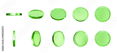 3d realistic green metal coins in different views rotating vertically and horizontally. Shiny blank coins vector isolated set