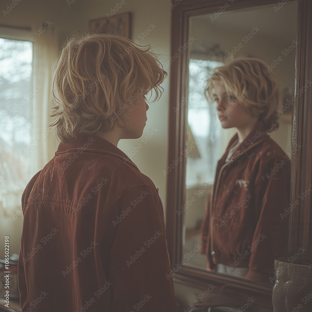 Fototapeta premium Young man with curly hair looking into a mirror