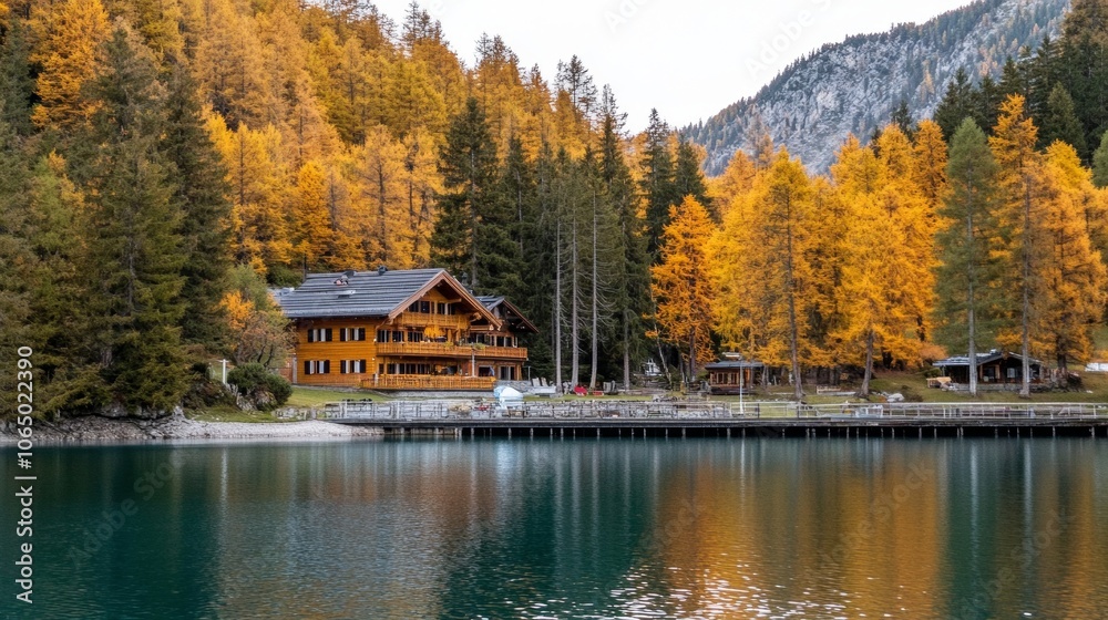 Fototapeta premium The beautiful fall season at Lago di Braies, a lake in the Bolzano region of Italy.