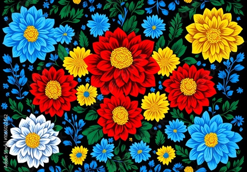 Vibrant Floral Pattern with Red, Blue, and Yellow Flowers photo