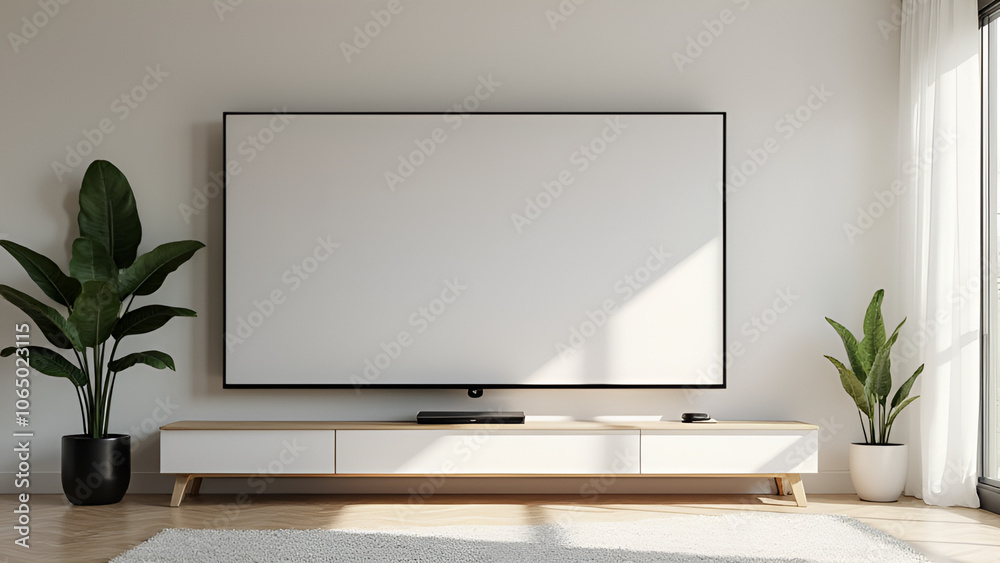 A 3D rendered TV screen mockup is positioned in a living room setting for display purposes A 3D rendered TV screen mockup is positioned in a living room setting for display purposes