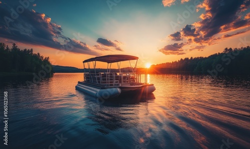 A pontoon boat sailing on a lake with a stunning sunset, capturing the idyllic and peaceful nature of a quiet evening on the water