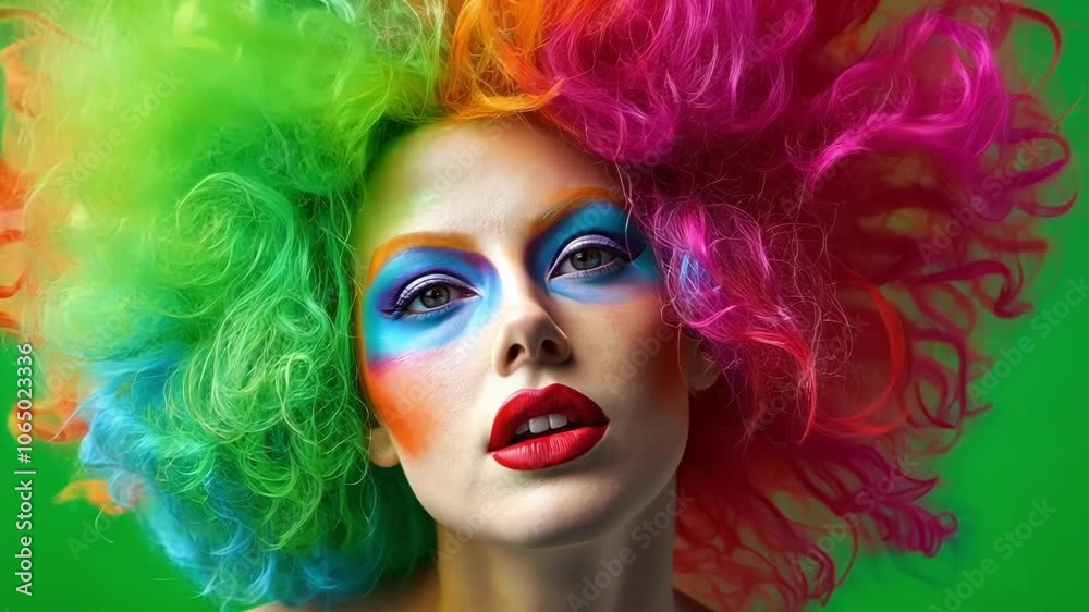 Woman with vibrant, colorful makeup and a voluminous, multi colored wig is striking various poses on a green screen background