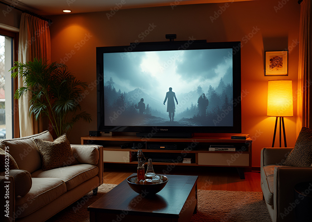 Fototapeta premium zy living room space with a large screen TV and comfortable seating for an immersive home entertainment experience in a warm inviting atmosphere