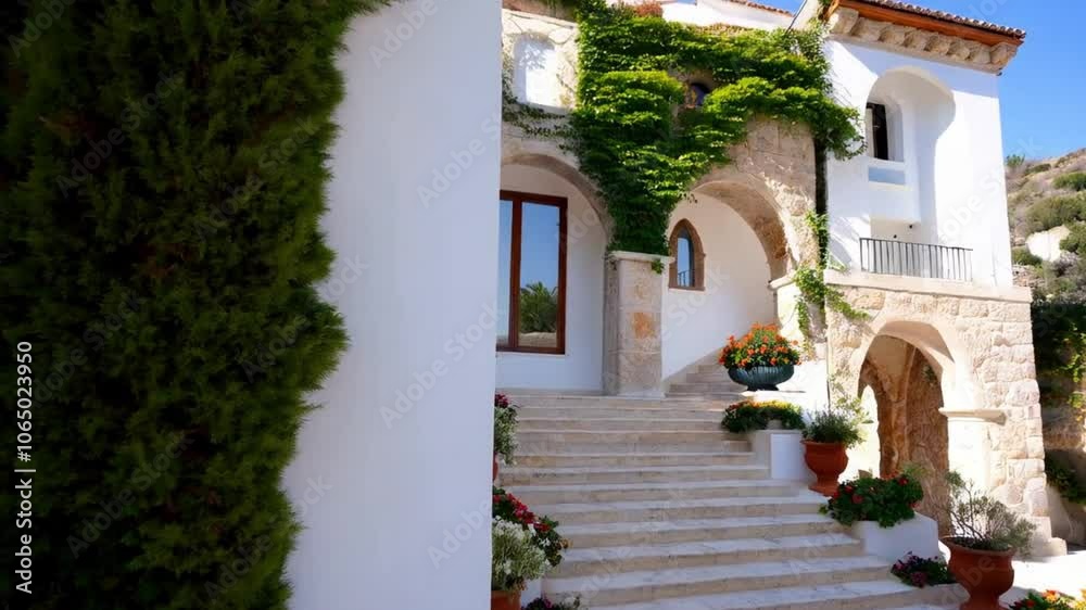 Close-up of Mediterranean villa exterior: white building and stairs. Close-up of Mediterranean villa exterior: white building and stairs.