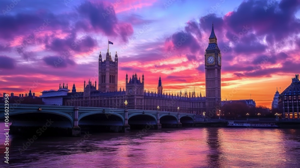 Fototapeta premium A stunning sunset over the Houses of Parliament and Big Ben in London, with the River Thames flowing in the foreground.