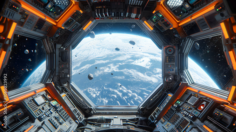 Fototapeta premium Bright spaceship interior with a view out a dark window