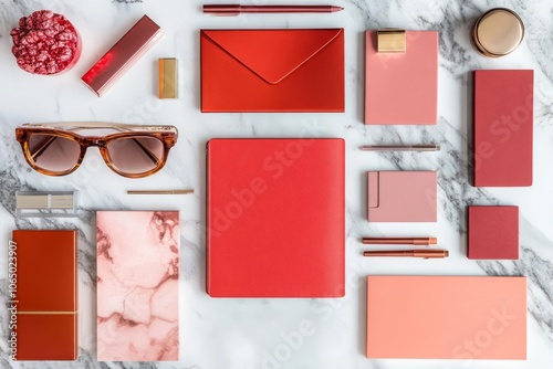 Brand identity mood board on marble desk, highend product images, top view, vibrant colors, elegant style