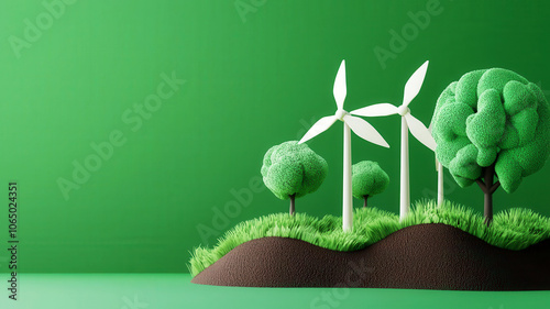 Business team working on carbon footprint reduction tech, green startup, 3D illustration,