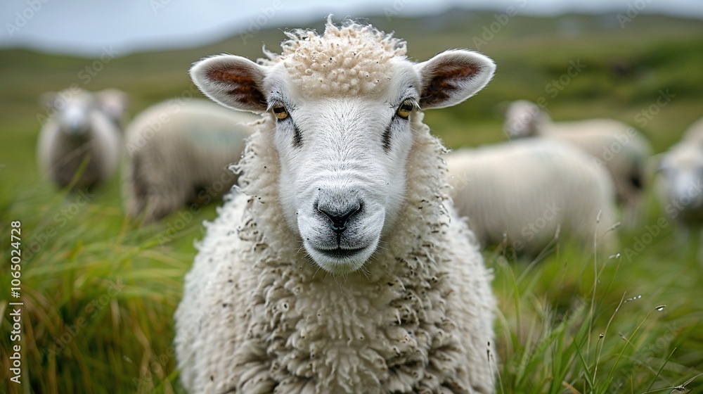 Obraz premium A close-up of a sheep in a grassy field, with other sheep visible in the background.