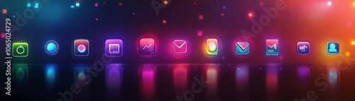 Digital brand strategy concept with floating icons, vibrant gradient, scifiinspired background, neon glow photo